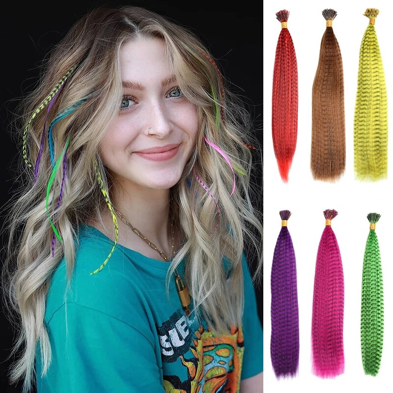 Mèches colorées synthétiques pour extension de cheveux, postiche I-Tip, ligne de zèbre, extensions de cheveux en plumes, 1 à 500 pièces