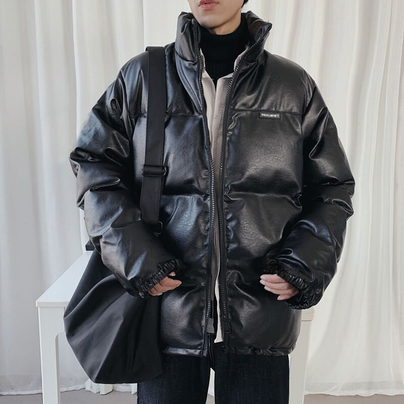 Мужская осенне-зимняя утепленная хлопковая куртка Y2k из искусственной кожи с воротником-стойкой, свободная теплая Повседневная однотонная кожаная куртка