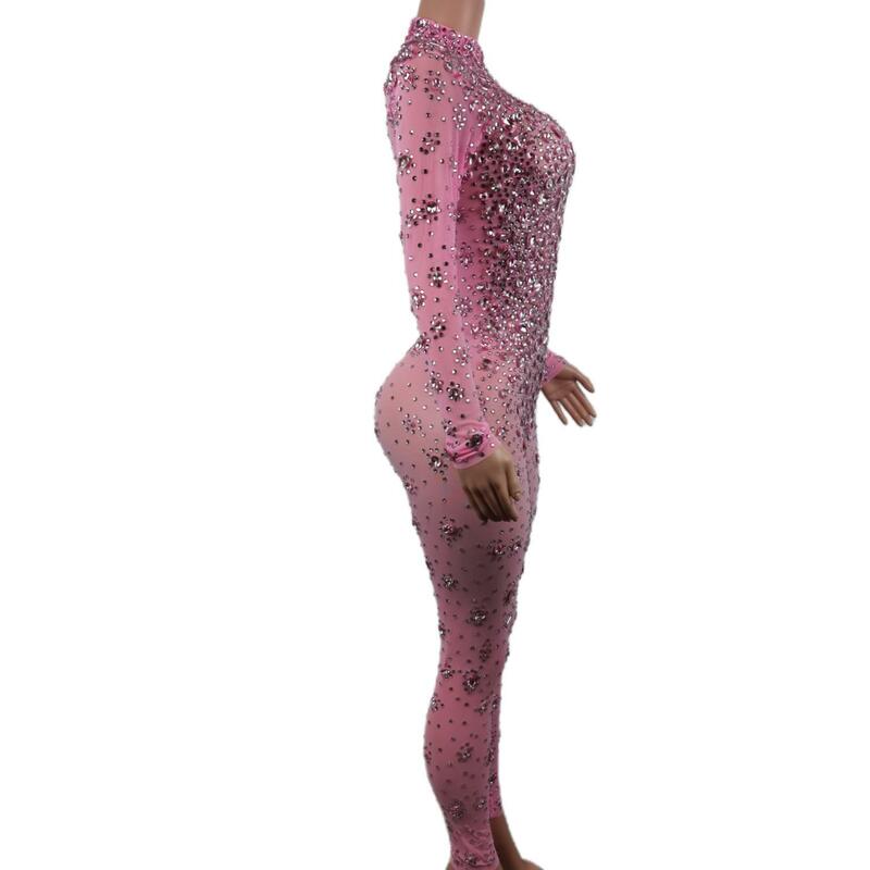 Vrouwen Sexy Steentjes Bodysuit Stage Outfit Vrouwelijke Zangeres Roze Leggings Nachtclub Kristallen Kostuum Dans Jumpsuit Cuican