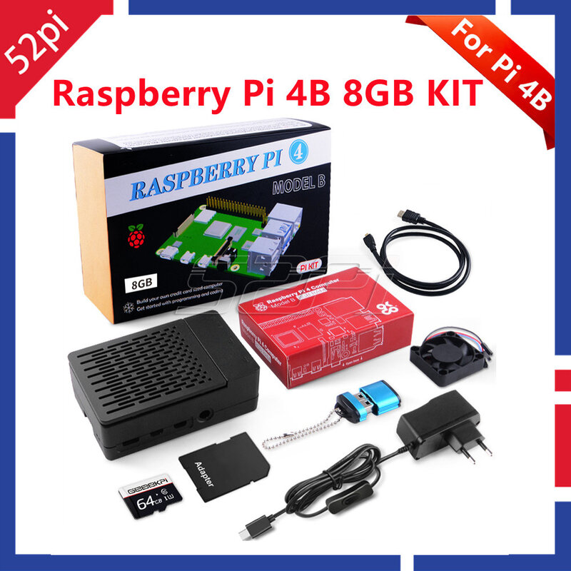 52Pi Raspberry Pi 4 Model B 8GB RAM + Kartu SD 64GB, Casing Perlengkapan Utama dengan Kipas, Catu Daya