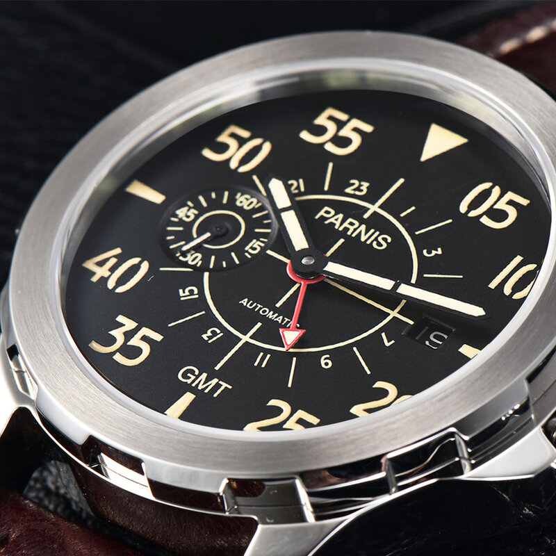 Jam tangan mekanis kasual Parnis casing Perak 44mm jam tangan tahan air otomatis GMT merah terbaru Montre Homme 2023 dengan hadiah kotak
