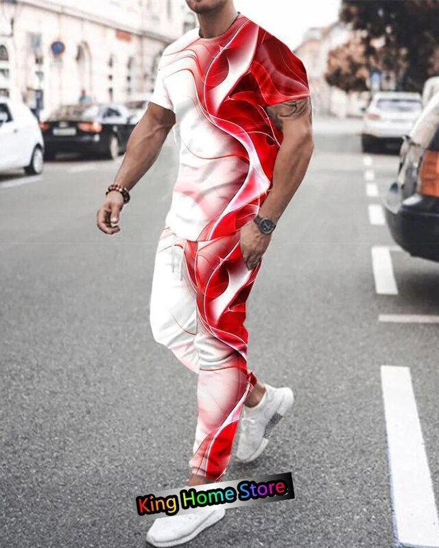 Nowy król 3D z nadrukiem zestaw z krótkim rękawem dres męski zestaw odzież do joggingu męska casualowa spodnie 2 stroje Streetwear