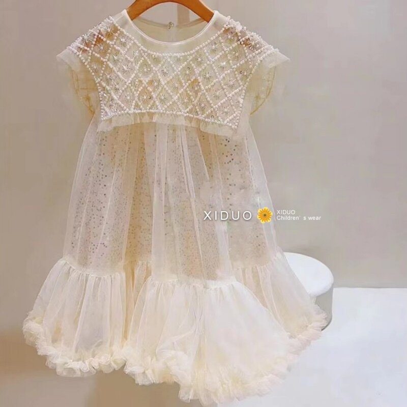 Новинка 2023, платье для девочек, повседневная весенне-летняя детская одежда, корейское платье принцессы с жемчужным воротником, модное платье из пряжи