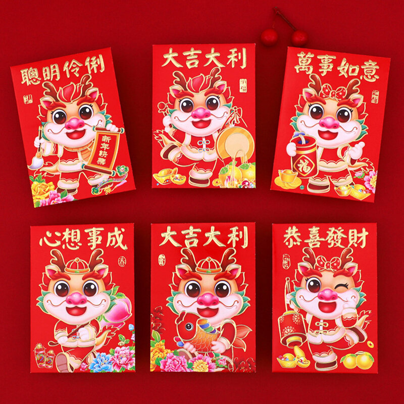 Sobres Rojos con patrón de dragón de dibujos animados, paquete de dinero de la suerte, decoraciones de Año Nuevo, 6 piezas, Festival de Primavera