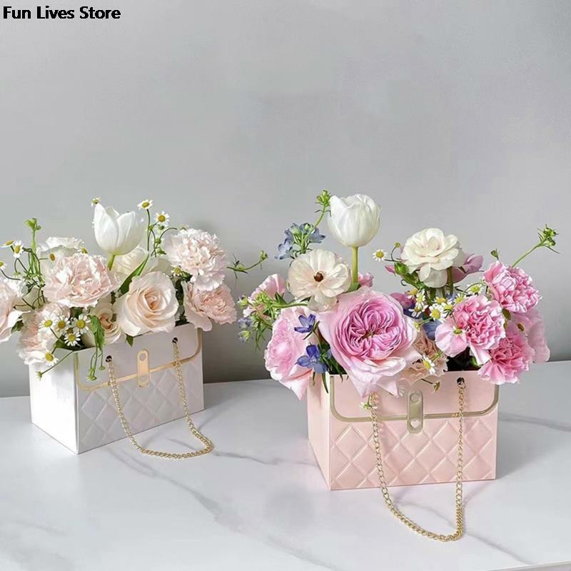 아름다운 꽃 숄더백, 웨딩 파티 특별 토트, 골든 체인 포장 선물 가방, 창의적인 사각형 포장 상자 장식