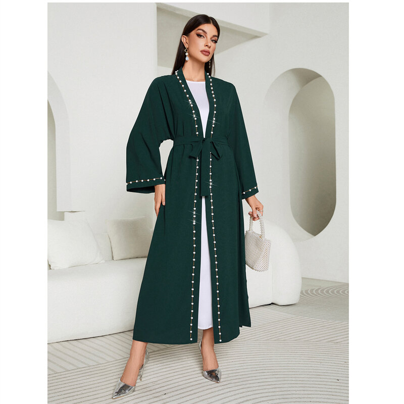 Beaded Open Abayas for Women Black Kimono Cardigan Eid Ramadan Jalabiya Islamic Clothing Arabic Robe Dubai Turkey Kaftan Gown