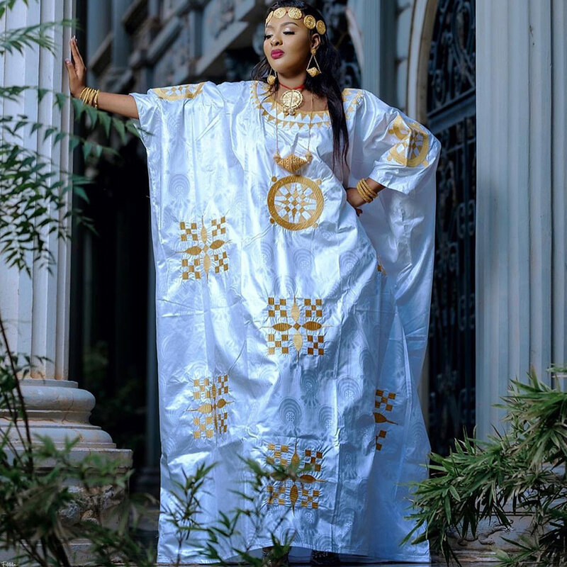 Gold Embroidery Bazin Boubou African Nigerian Plus Size Dashiki Long Robe 2024 High Quality Party Wedding Bride Cloting Dresses