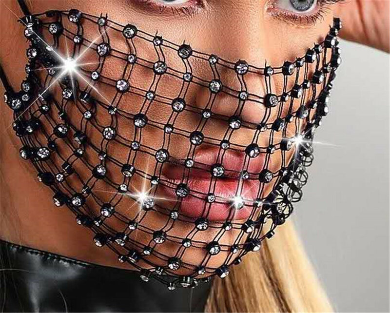 Masker berlian imitasi, masker Eropa dan Amerika populer dengan masker jaring berlian, tren berlian berkilau, perhiasan, masker wajah, wanita