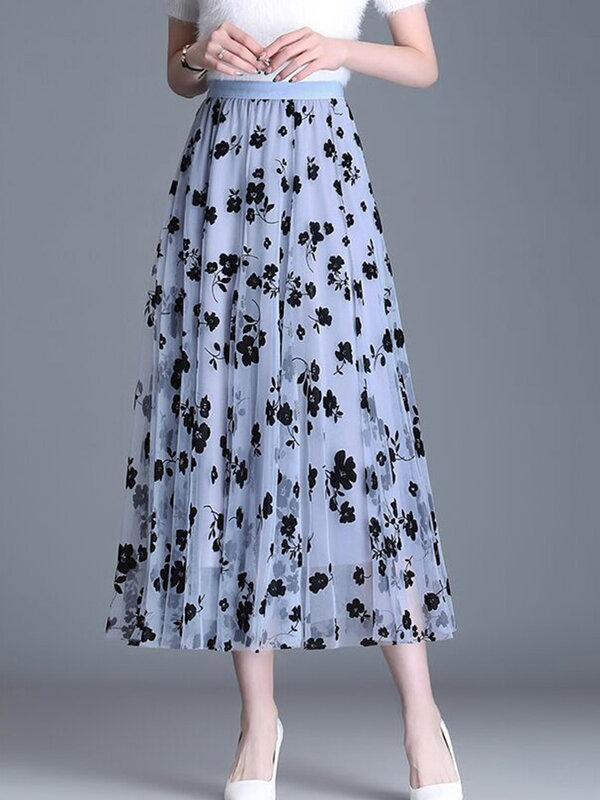 Sommer neue Midi A-Linie floral bedruckte Netz röcke Polyester lose elegante weibliche schwarze lässige Büro damen