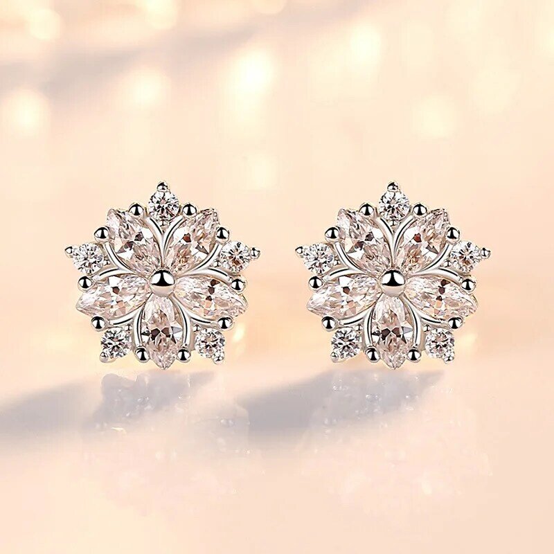 Real 925 Sterling Silver Woman's High Quality Fashion Jewelry Crystal Flower Hoop Earrings New XY0221