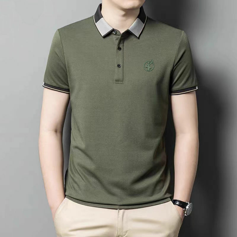 Polo de lapela simples masculino, bordado com painéis, botão, respirável, casual, versátil, fino, top de manga curta, moda coreana, verão