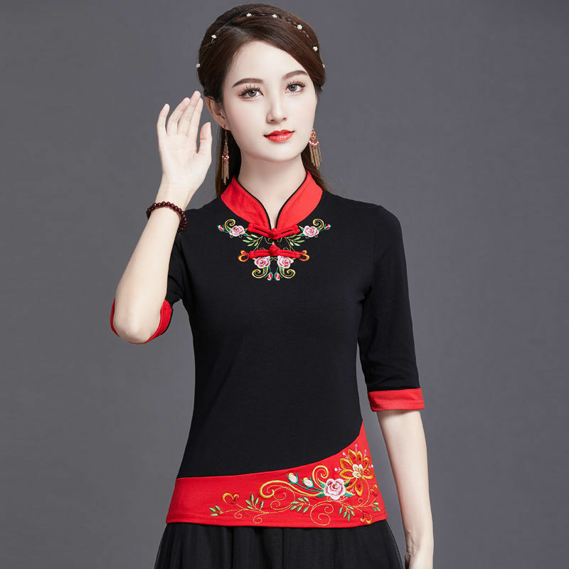 Pakaian Tradisional Cina Wanita Ukuran Besar Atasan 2023 Musim Panas Katun Campuran Bordir Warna Penyambungan Tang Kostum Kemeja Wanita