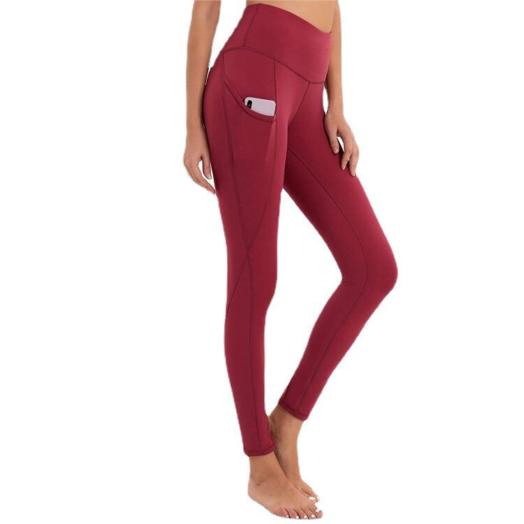 Pantalones de alta elasticidad para mujer, mallas deportivas ajustadas de cintura alta con bolsillos empalmados, Color sólido, levantamiento de glúteos