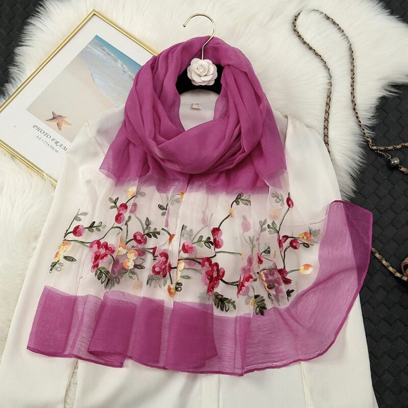 여성용 경량 스카프, 얇은 원사, 긴 용수철 숄, 자수 꽃, 다채로운 자외선 차단 스카프, 패션
