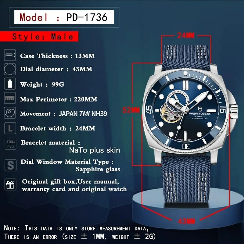 Reloj mecánico deportivo de marca PAGANI para hombre, reloj de 200M resistente al agua, reloj masculino, 2024 nuevo