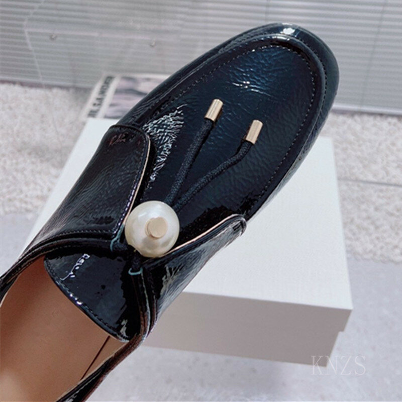 Mocassins de couro vintage com cordão pérola para mulheres, sapatos de salto plano, confortável sapato de couro novo, primavera 2022