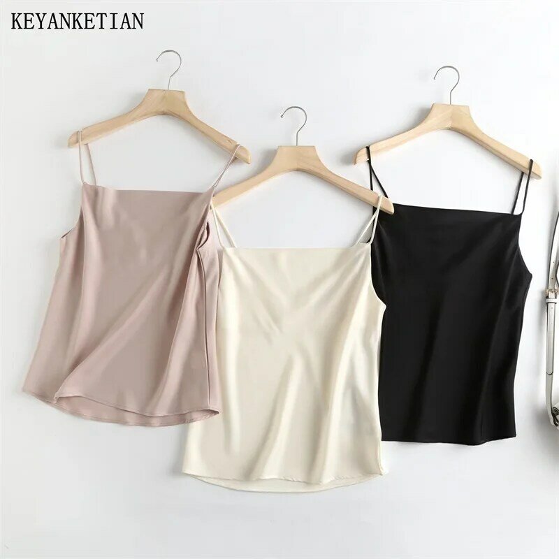 KEYANKETIAN 2024 New Launch Women's Swinging Collar Satin Camisole Vest Inner Style Simply Thin Slim Solid color Corset ShortTop