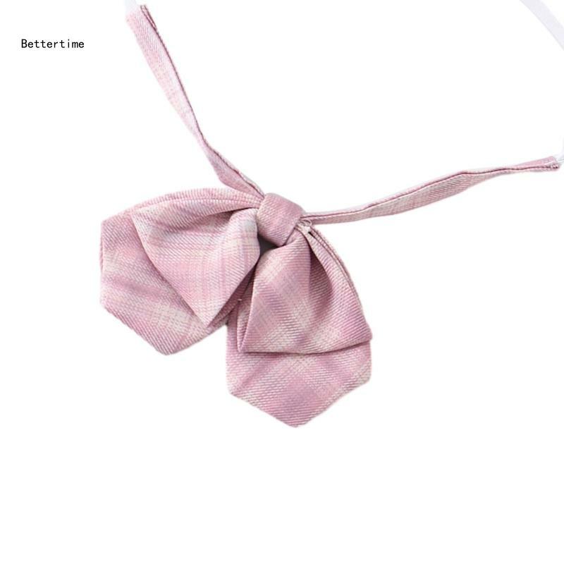 B36D Women Pre-Tied Necktie Pink Checkered Tie School Uniform Neckwear Bowtie Bowknot
