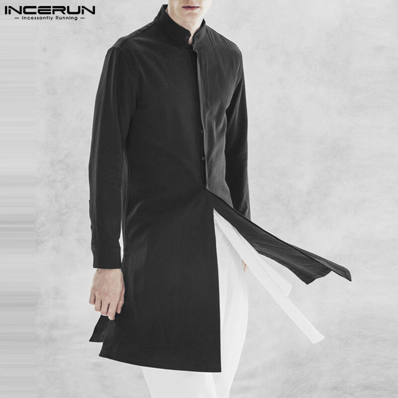 INCERUN-Camisa de gola sólida para homens, manga comprida, camisas muçulmanas, streetwear kaftan, roupas islâmicas e árabes, S-5XL, 2023