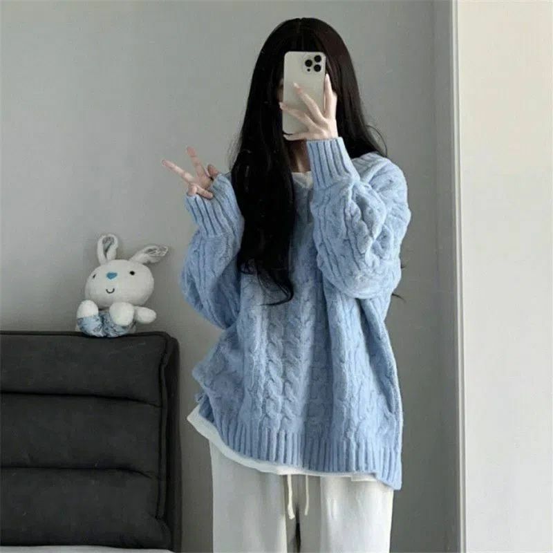Новинка Осень 2022, модный синий пуловер в стиле ретро с V-образным вырезом, свитер, Женский Свободный Вязаный топ, эксклюзивная одежда, простой стиль