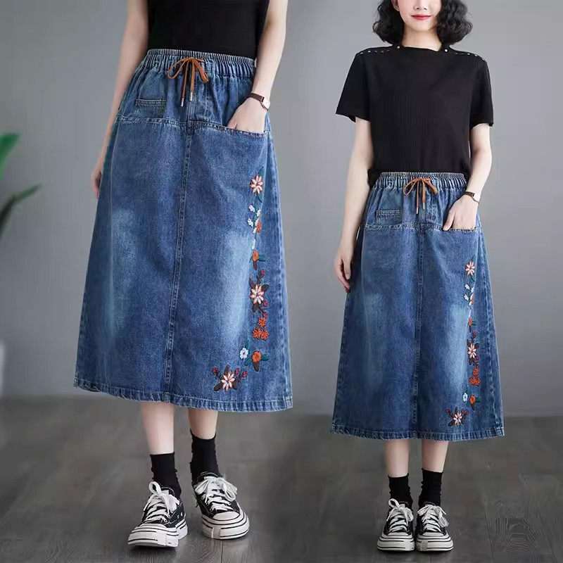 Jupe rok wanita ukuran besar Denim Midi Jeans baru musim panas 2024 panjang menengah renda serbaguna pinggang elastis Saias K1410
