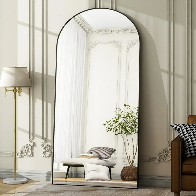 Extra large full body mirror, 76 "x 34" arched full body mirror, black metal frame, floor mirror for bedrooms and changing rooms