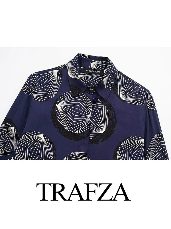 TRAFZA-Blusa de manga larga para mujer, camisa holgada informal con estampado azul marino, cuello vuelto, botonadura única, Primavera, 2024