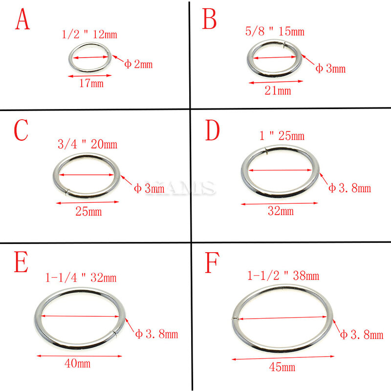 10pcs/pack O rings Metal Non Welded Nickel Plated Collars Round Loops Belt Buckle Package Accessorie 12mm-38mm