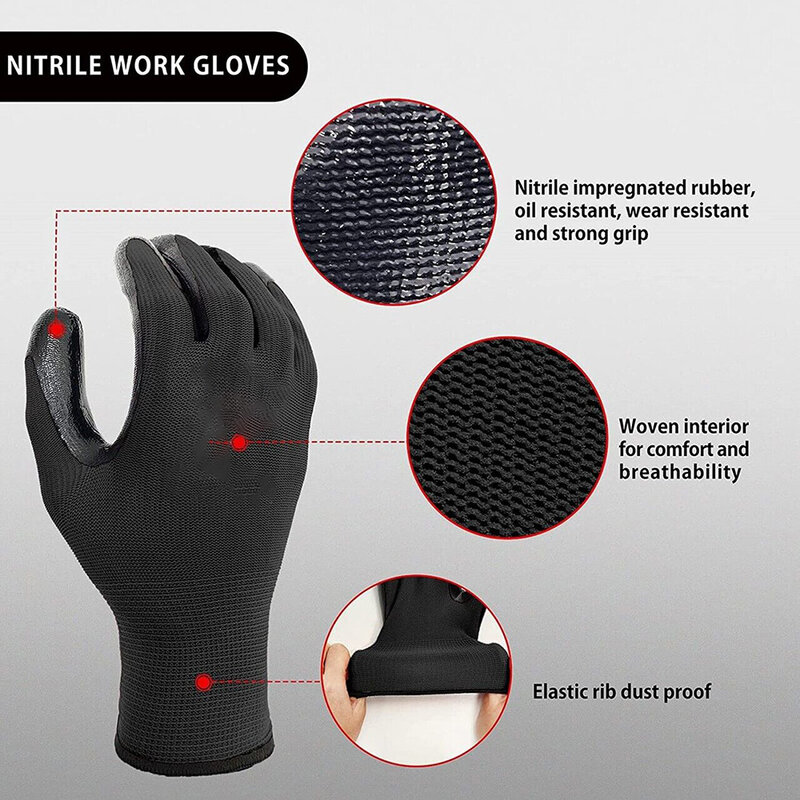 Nylon Safety Working Gloves Premium Nitrile Coated Builders Excellent Grip Gardening Grip Industrial Protective Work Gloves