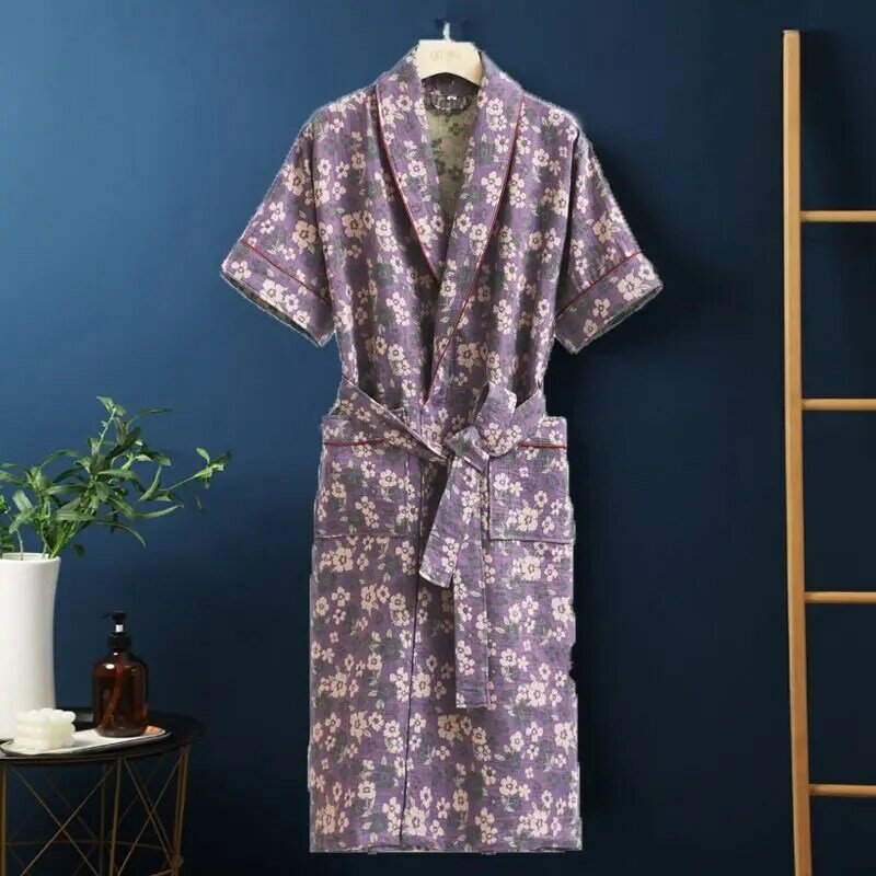 Top Quality 100% Cotton Bathrobe Men Short Sleeve Normal Absorbent Bath Robe Male Spring Summer Autumn Solid Dressing Gown