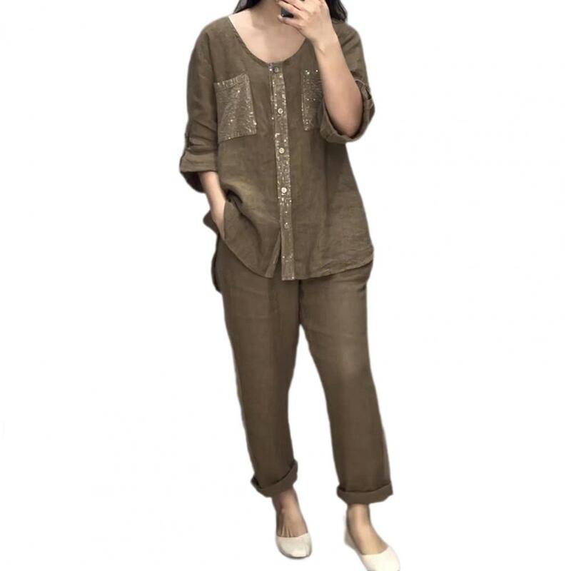 여성용 스팽글 셔츠 바지 세트, 반짝이는 스팽글 탑, 와이드 레그 바지 세트, 허리 조절 가능한 투피스 의상, 3 개 포함