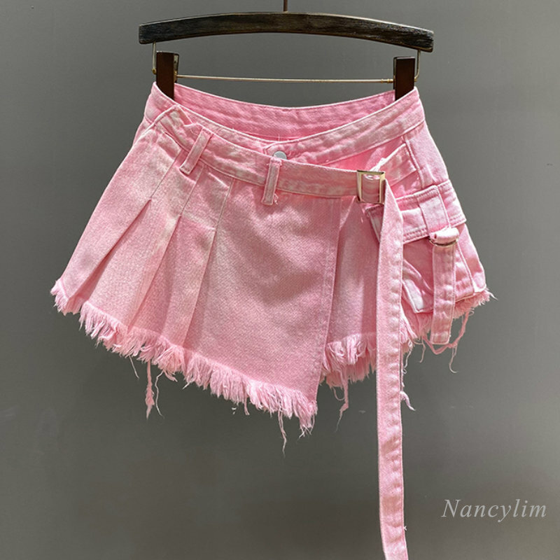 Unregelmäßiger rosa Jeans rock Damen Sommer hohe Taille abnehmen falsche zweiteilige A- Line Workwear kurze Miniröcke