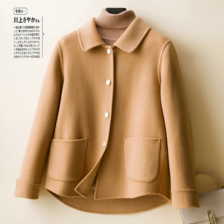 Abrigo corto de lana pura para mujer, cárdigan de punto de Color puro, cuello Polo informal Simple, mantiene el calor, otoño e invierno, nuevo