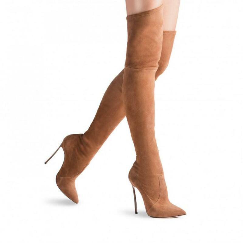Botas de tacón alto de gamuza marrón para mujer, botas altas hasta el muslo con punta puntiaguda, tela elástica, tacones finos, gran oferta