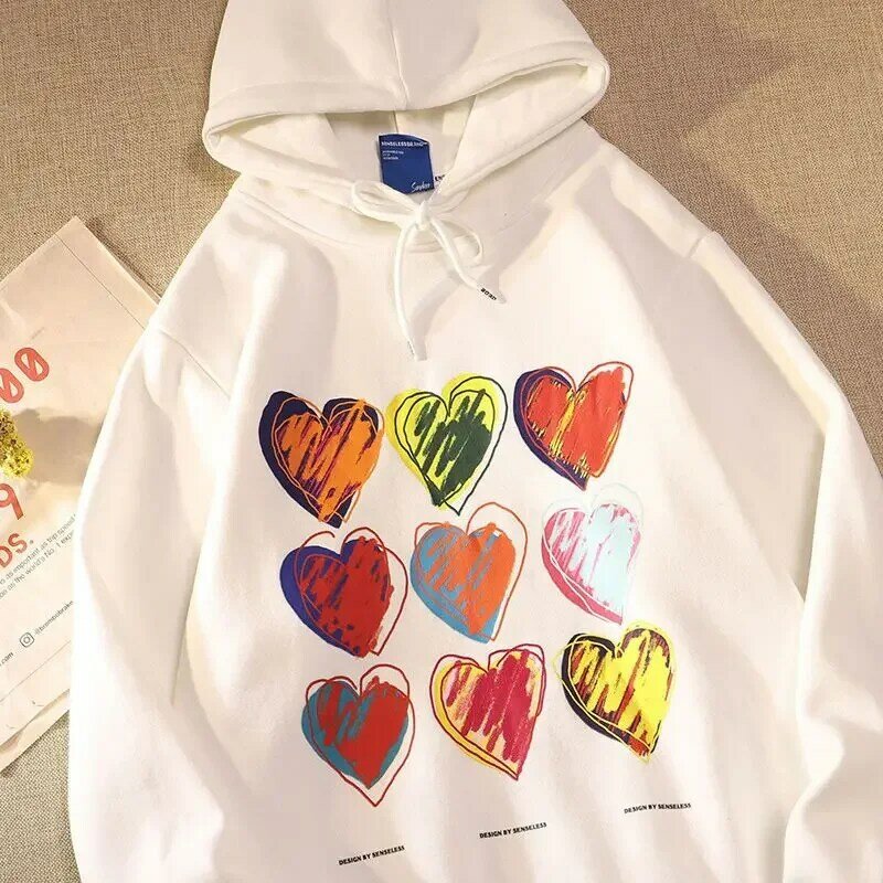 American handpainted love print hoodies women y2k sweatshirt new loose fitting student couples korean zip up hoodie goth tops