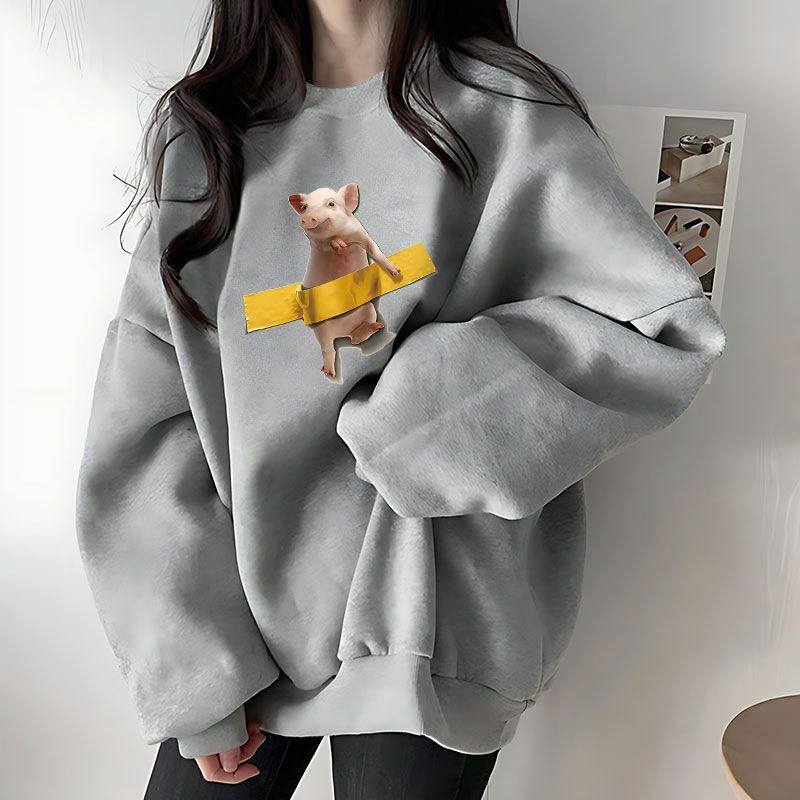 Trendy Cat Print Thick  Round Neck Hoodies Pullover Sweater For Men And Women Lazy Style Loose Oversized Casual Autumn Top