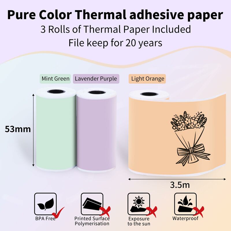 Phomemo Adhesive Colorful Thermal Sticker Paper Roll Use for T02/M02X Mini Portable Printer Mint Green/Purple/Orange 50mm x 3.5m