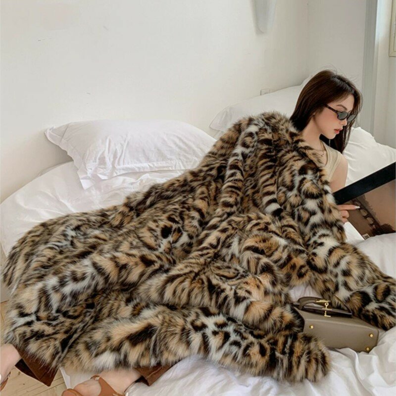High quality Winter Animal Leopard Faux Fur Extra Long Coat Full Sleeve Loose Warm Shaggy Jacket Loose Outerwear