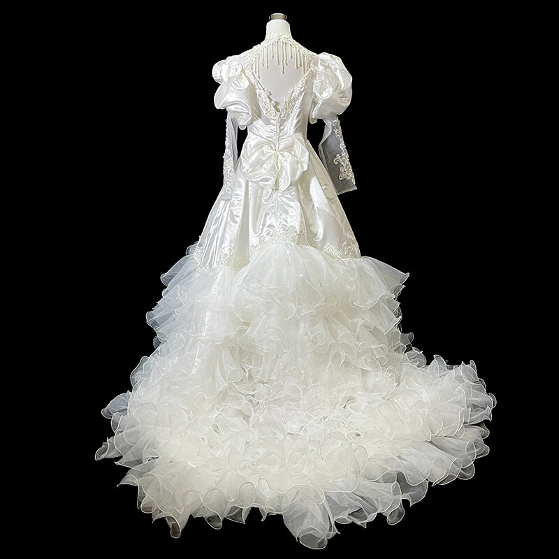 Anxin-SH Vintage cetim flor vestido de casamento, O Neck, Beading Pérola, Long Puff Sleeve, Lace Up, Big Bow, Branco, Antigo, LZ