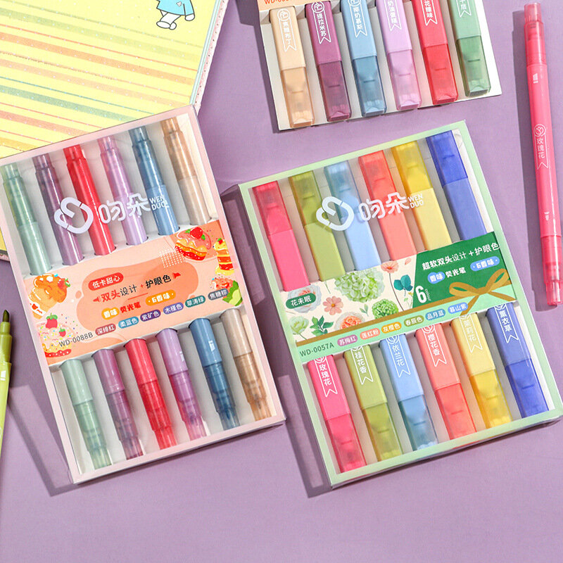 6 Pcs/set Vintage Colored Scented Highlighter Pens Kawaii Candy Color Manga Markers Pastel Fluorescent Pen Cute Stationery