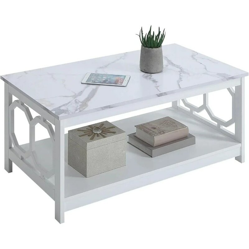Mesas de comedor de mármol falso blanco, mesa de centro Omega con estante, almacenamiento oculto, Dolce Gusto