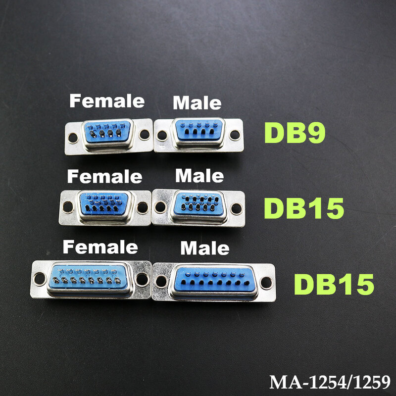 Db9 db15 furo/pino fêmea/masculino azul soldado conector rs232 porta serial soquete db D-SUB adaptador 9/15pin