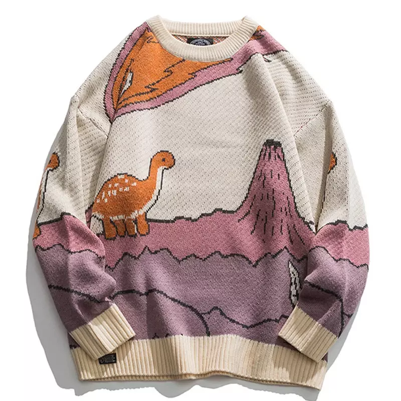 Suéter de punto de dinosaurio pequeño de dibujos animados para hombres y mujeres, suéter Vintage, ropa de calle japonesa informal, Unisex, Harajuku, Invierno