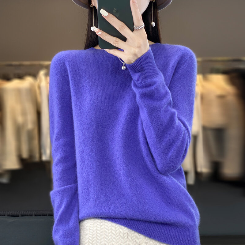 Suéter de punto de lana merina pura para mujer, Top de cuello redondo, Jersey cálido de cachemira sin costuras, ropa de otoño e invierno, 100%