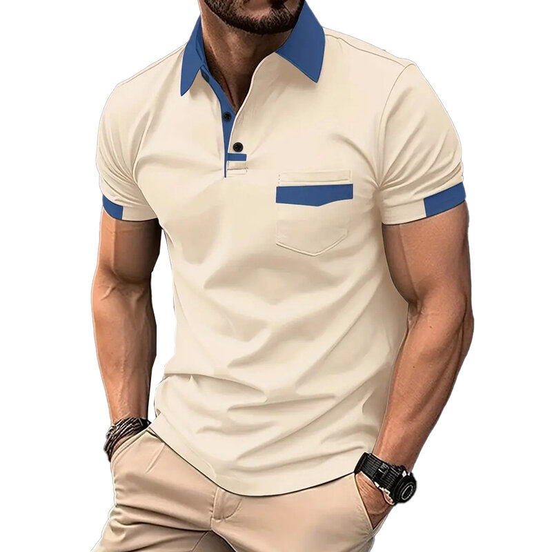 Modne, dopasowane, kontrastowe kolory z krótkim rękawem męska koszulka letnie biurowe casualowe bluzki Polo z dekoltem odzież męska