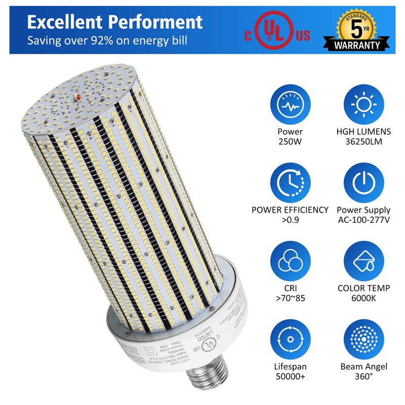 Ampoule LED aux halogénures métalliques, remplacement des lampes, super luminosité, lumière haute baie, 250 W, 1000 lumens, 35000 W
