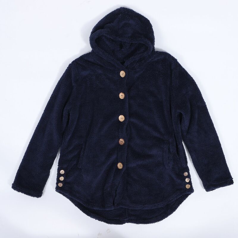 Cardigã solto com capuz feminino, casaco grande, jaqueta de inverno, tops de pelúcia, botão, azul marinho, outwear, XXXL