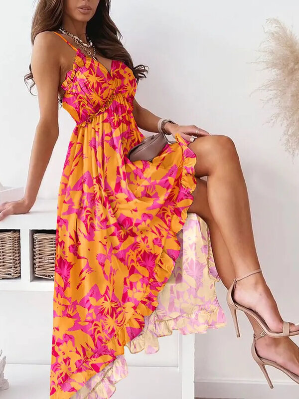 Женское шифоновое платье с оборками, повседневное асимметричное платье в стиле бохо, элегантное пикантное платье на бретелях-спагетти с цветочным принтом и V-образным вырезом, лето