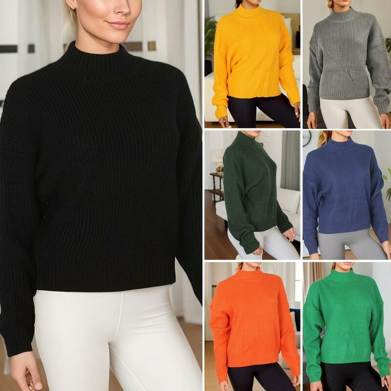 Women Autumn Winter Cropped Sweater Half High Collar Long Sleeve Slim Fit Tops Solid Color Short Knitting Jumper