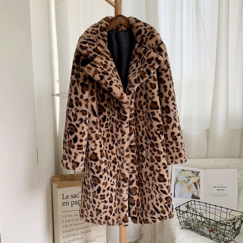 Женская зимняя Классическая леопардовая куртка, пальто, модная длинная уличная одежда из искусственного кроличьего меха, повседневное мягкое плюшевое пальто с отложным воротником